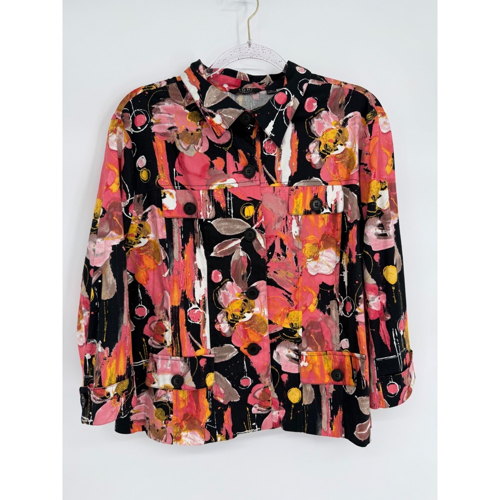 Toni Morgan Women Sz XL Abstract Floral Button Front Utility Jacket Pink Orange